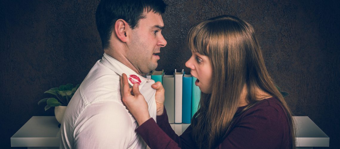 Wife finded red lipstick on shirt collar – infidelity concept Wife finded red lipstick on shirt collar of her unfaithful husband - infidelity concept - retro style